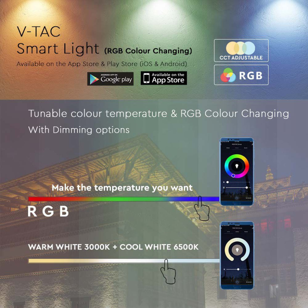 V-TAC Lampa naświetlacz LED 10W Kompatybilna z Google Home i Amazon Alexa poprzez aplikację V-Tac Smart RGB + 3000K + 6500K